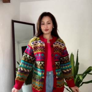Multicolor Patterned Knit Cardigan 🧥🌈 – Styled Over Red Top & Light Blue Jeans