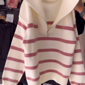 Striped Knit Sweater Collection 🧶 Half-Zip & Crew Styles – Cream, Blue, Red & More
