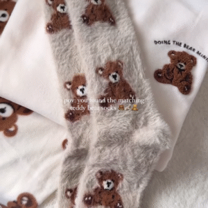 Teddy Bear Print White Lounge Set with Matching Socks