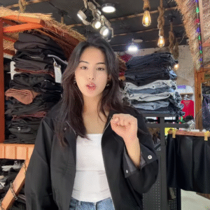 Women’s Zip-Up Casual Jackets 🧥🛍 – Black, Beige & Light Beige Variants Styled in Store Setting