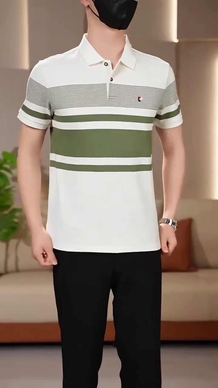 Men Striped Polo Collar T-shirt - Image 3